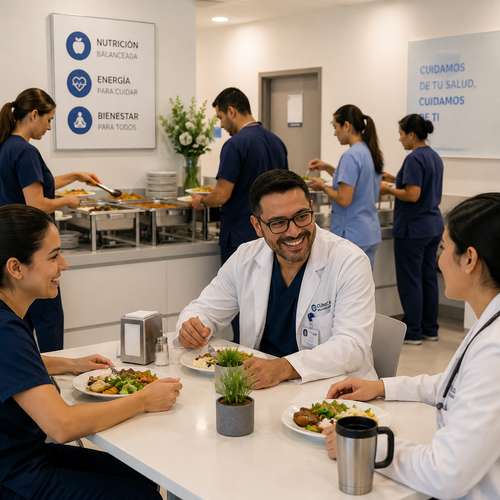 Medical staff dining at clinic cafeteria