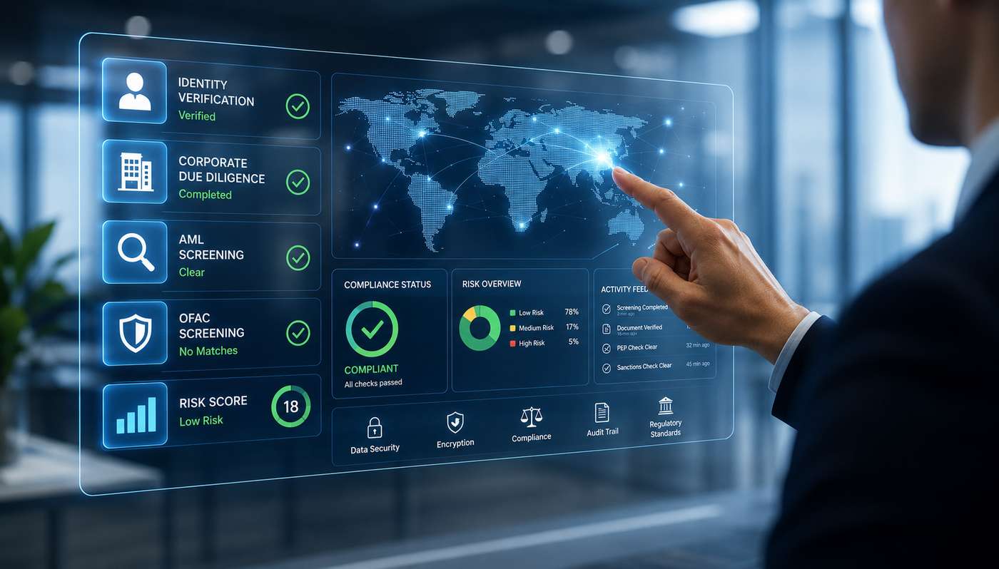 Holographic compliance dashboard with OFAC screening AML and risk scoring