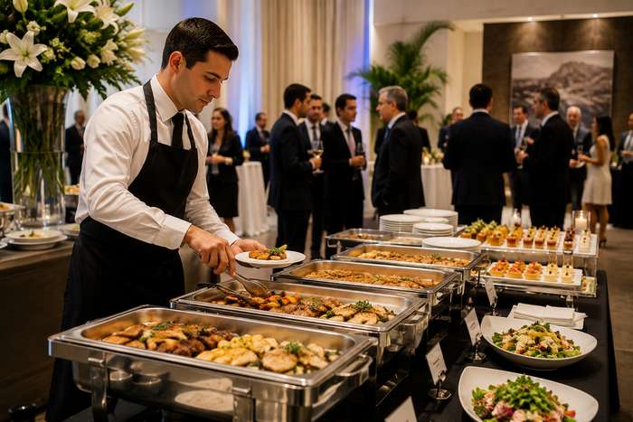 VIP corporate event catering with chef serving guests