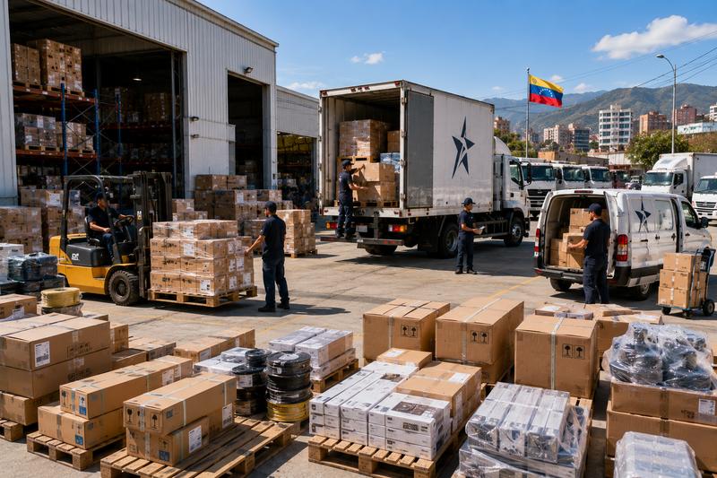 Supply distribution operations with trucks and workers loading palletized cargo in Venezuela