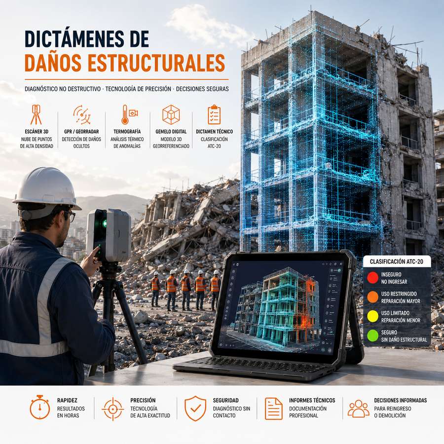 Structural damage assessment infographic with 3D scanner and ATC-20 classification