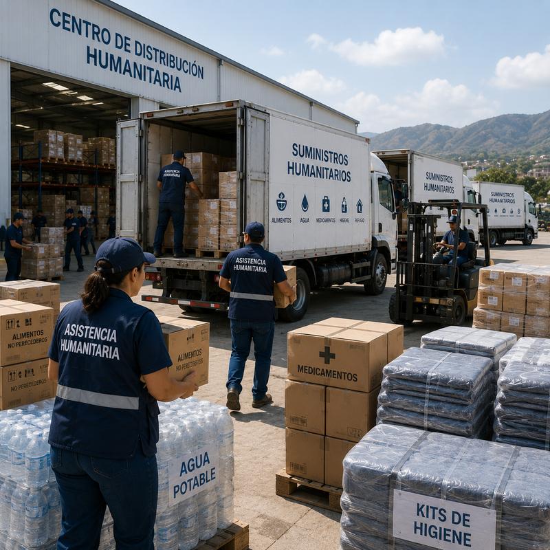 Humanitarian distribution center with aid supplies, water and medicine