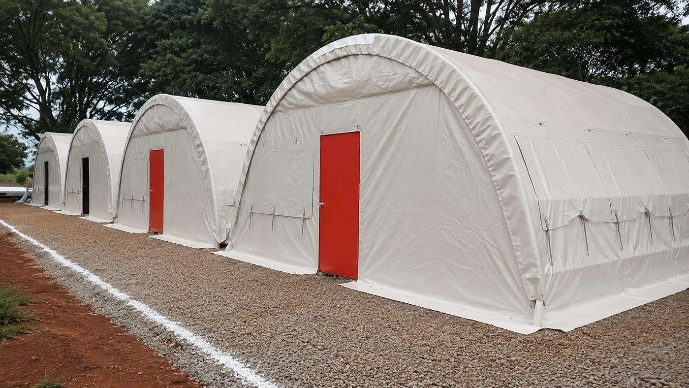 Modular tent shelters with red doors on prepared ground