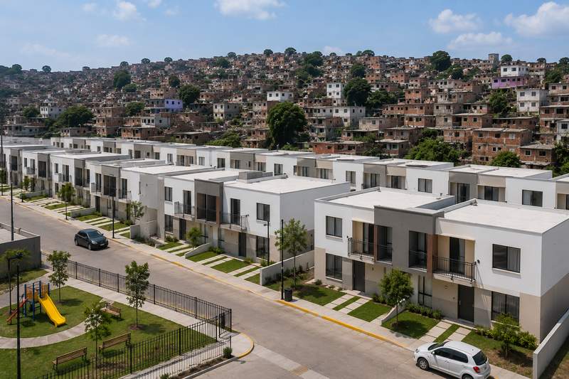 Aerial view of modular housing development integrated into urban landscape