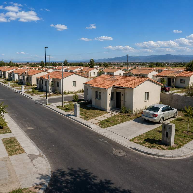 Aerial view of housing development with sports court and playground