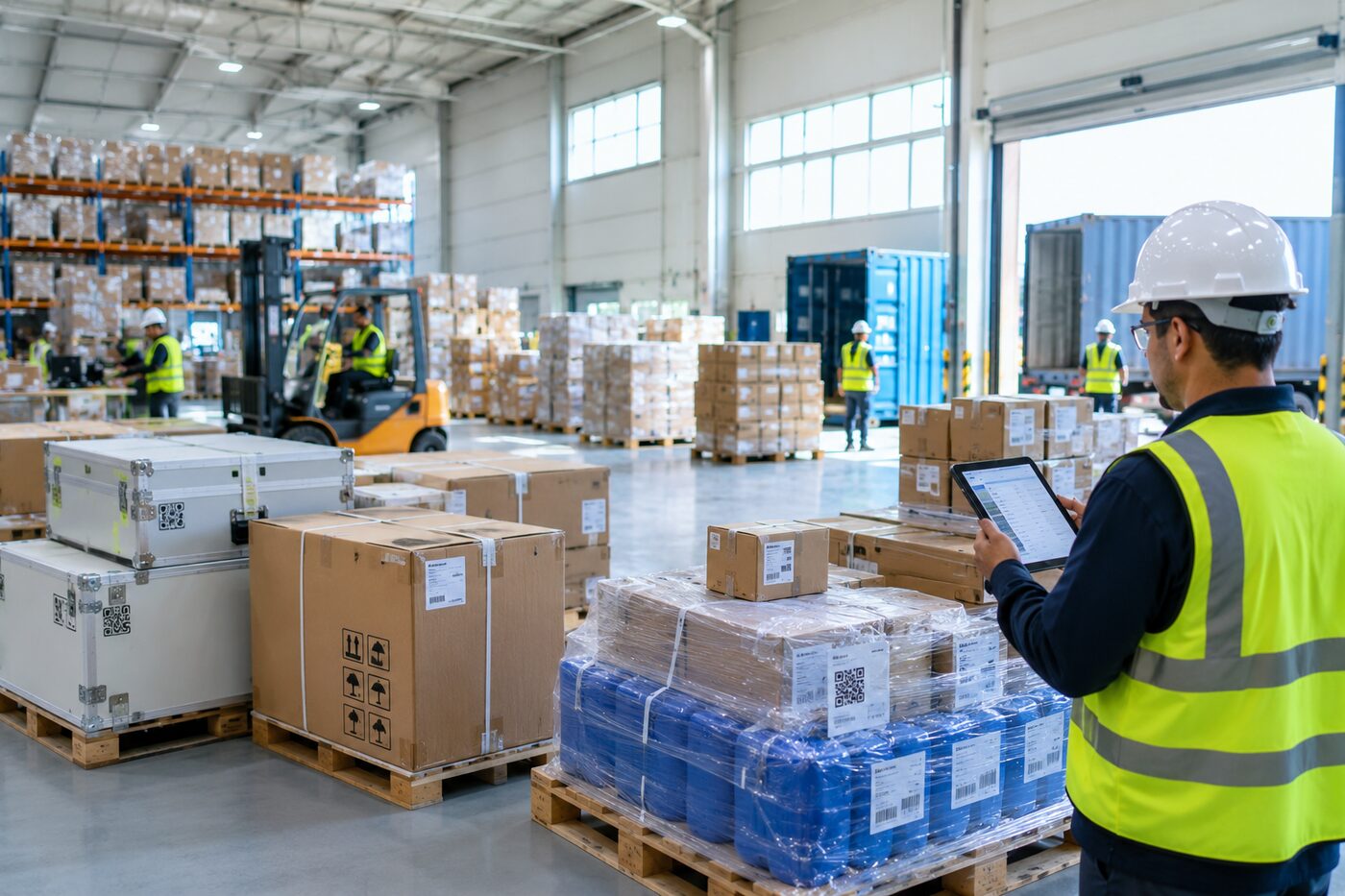 Modern logistics center with workers scanning packages and managing supply distribution