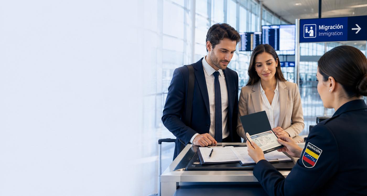 Business travelers at Venezuelan immigration counter