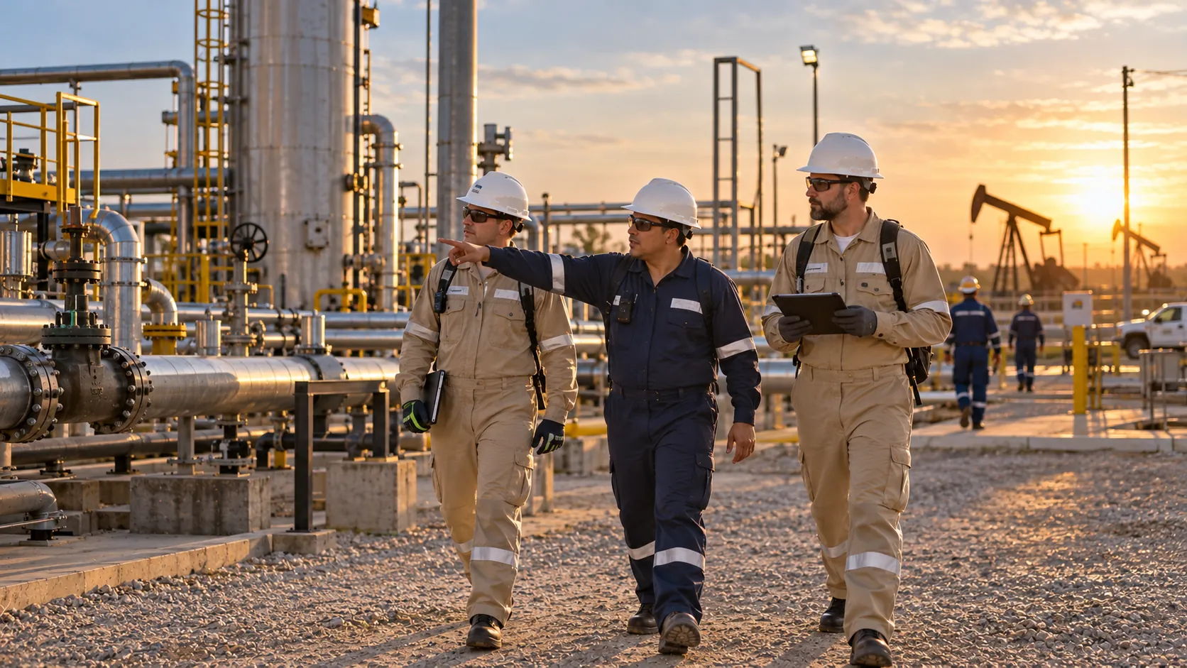Coordinator walking with engineers in full PPE through an oil field facility in Venezuela